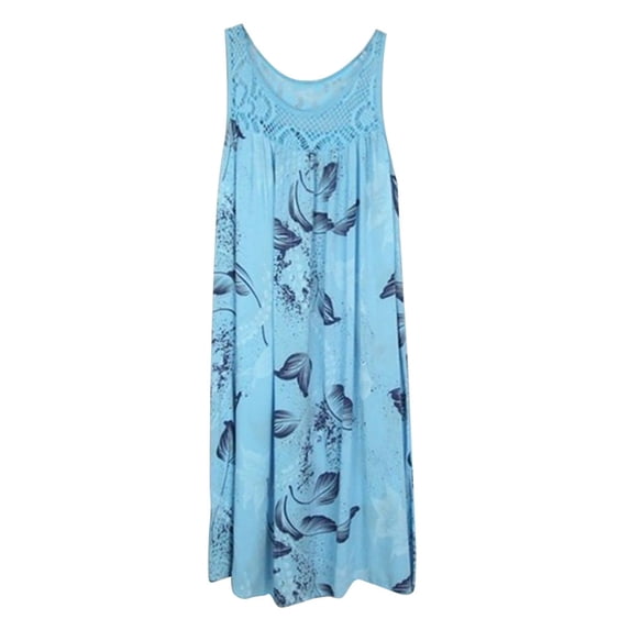 Summer Saving Wycnly Summer Dresses for Women Elegant Lace Patchwork Plus Size Beach Tank Mini Sun Dresses 2024 Casual Sleeveless Round Neck Leaves Print Short Dress Light Blue xl