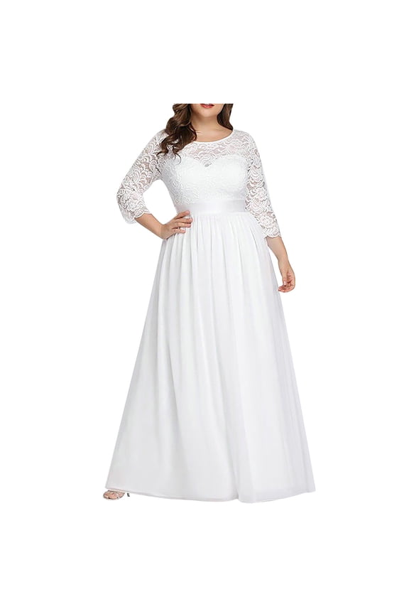 Summer Saving Wycnly Summer Dresses for Women Evening Party Elegant Lace Patchwork Plus Size Empire Waist Pleated Swing Maxi Dresses 2024 3/4 Sleeve Crewneck Solid Long Formal Dress White m