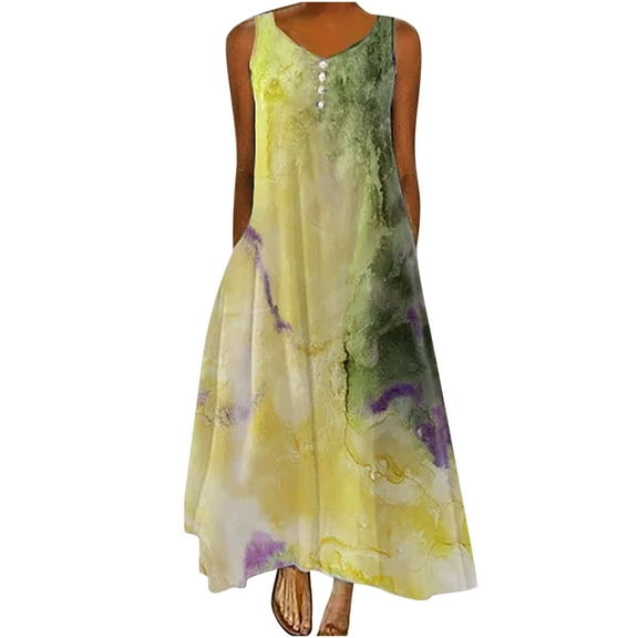 Summer Saving Wycnly Summer Dresses for Women Fashion Button Plus Size Swing A Line Tank Dresses with Pocket 2024 Sleeveless V-Neck Marbled Print Maxi Formal Dress Yellow XXL