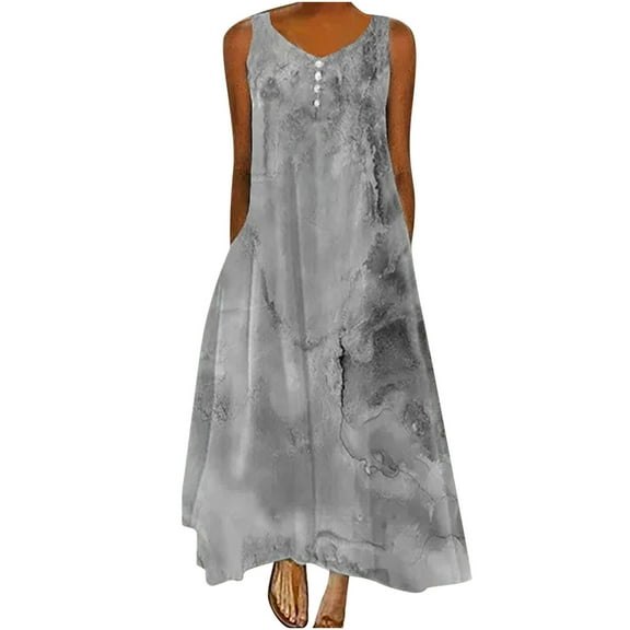 Summer Saving Wycnly Summer Dresses for Women Fashion Button Plus Size Swing A Line Tank Dresses with Pocket 2024 Sleeveless V-Neck Marbled Print Maxi Formal Dress Gray XXL