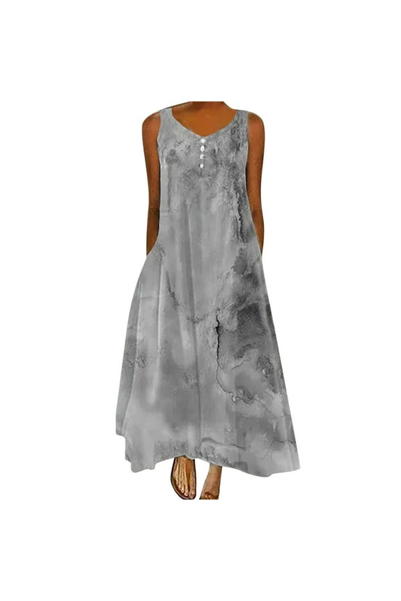 Summer Saving Wycnly Summer Dresses for Women Fashion Button Plus Size Swing A Line Tank Dresses with Pocket 2024 Sleeveless V-Neck Marbled Print Maxi Formal Dress Gray l