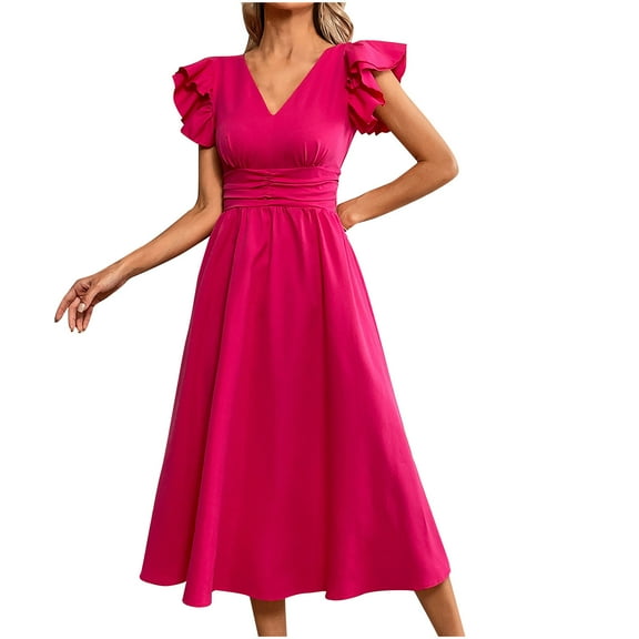 Summer Saving Wycnly Summer Dresses for Women Fashion Empire Waist Ruffle Sleeve Swing A Line Maxi Dresses 2024 Short Sleeve V-Neck Solid Long Formal Dress Hot Pink XL