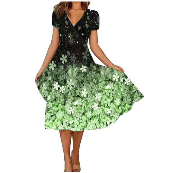Summer Saving Wycnly Summer Dresses for Women Fashion Flowy Swing Party Plus Size Tunic Long Dresses 2024 Short Sleeve V-Neck Floral Print Maxi Formal Dress Green m