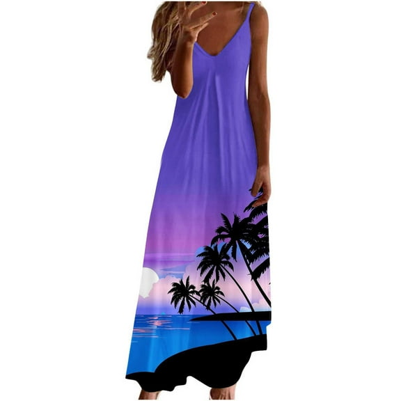 Summer Saving Wycnly Summer Dresses for Women Fashion Hawaiian Style High Waist Swing Cami Long Dresses 2024 Short Sleeve V-Neck Coconut Tree Print Maxi Formal Dress Purple m
