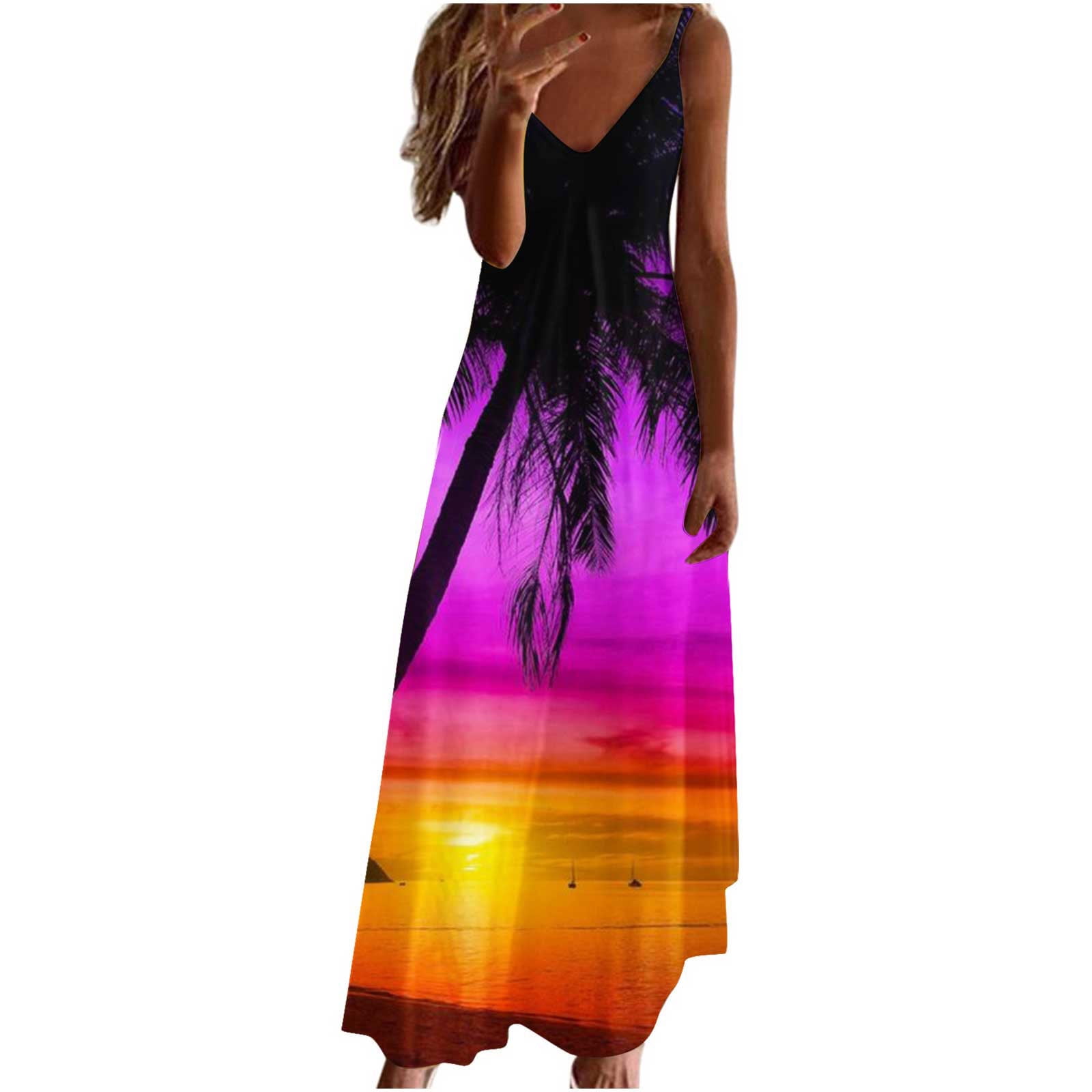 Summer Saving Wycnly Summer Dresses for Women Fashion Hawaiian Style High Waist Swing Cami Long Dresses 2024 Short Sleeve V-Neck Coconut Tree Print