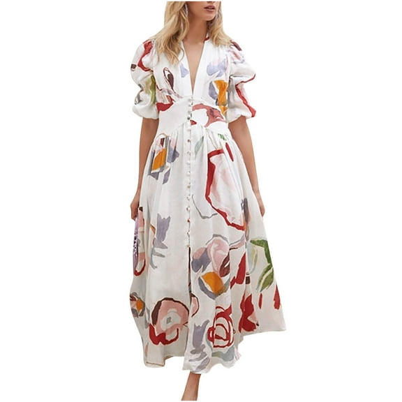 Summer Saving Wycnly Summer Dresses for Women Fashion High Waist Puff Sleeve Swing Button Down Shirt Maxi Dresses 2024 Short Sleeve V-Neck Flowers Print Long Formal Dress White s