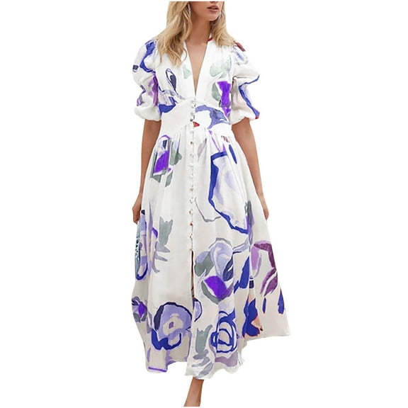 Summer Saving Wycnly Summer Dresses for Women Fashion High Waist Puff Sleeve Swing Button Down Shirt Maxi Dresses 2024 Short Sleeve V-Neck Flowers Print Long Formal Dress Blue XL
