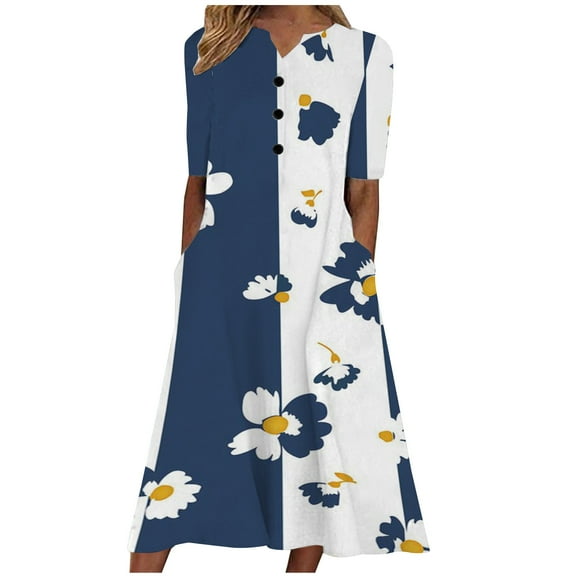 Summer Saving Wycnly Summer Dresses for Women Fashion Loose Plus Size Swing Button Down Tunic Long Dresses with Pocket 2024 Elbow-Length V-Neck Daisy Print Maxi Formal Dress Blue l