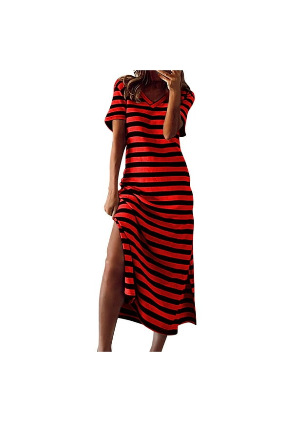 Summer Saving Wycnly Summer Dresses for Women Fashion Loose Side Slit Tshirt Maxi Dresses 2024 Sleeveless V-Neck Striped Print Long Formal Dress Red XL