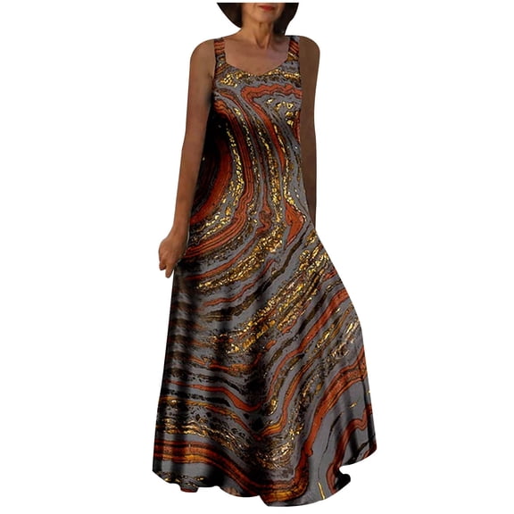 Summer Saving Wycnly Summer Dresses for Women Fashion Plus Size Loose Swing Tank Long Dresses for Beach 2024 Sleeveless V-Neck Marbled Print Maxi Formal Dress Red XXL