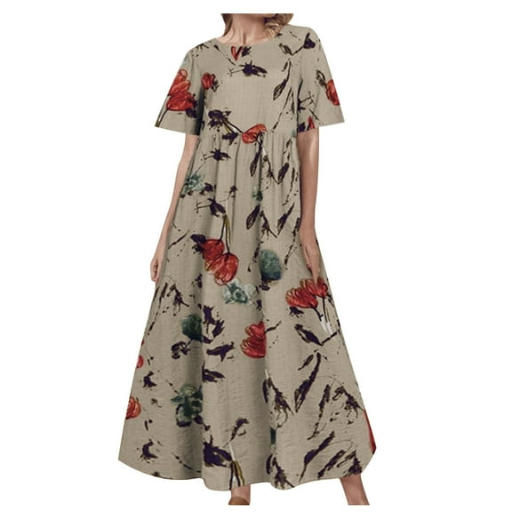 Summer Saving Wycnly Summer Dresses for Women Fashion Plus Szie Flowy Pleated Swing A Line Long Dresses 2024 Short Sleeve Crewneck Floral Print Maxi Formal Dress Yellow m
