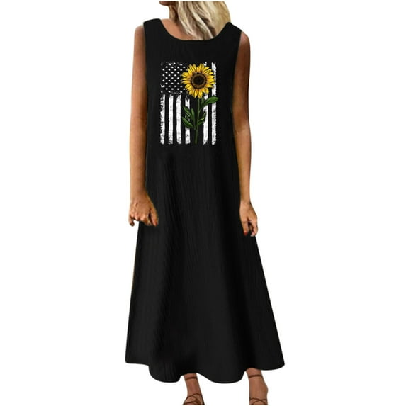Summer Saving Wycnly Summer Dresses for Women Fashion US Flag Graphics 4th July Loose Swing Cotton Linen Tank Dresses Sleeveless Crewneck Sunflower Print Maxi 2024 Dress Black xl Clearance Under $5