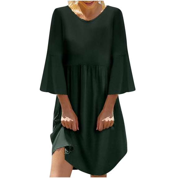 Summer Saving Wycnly Summer Dresses for Women Flared Sleeve Flowy Smocked Swing Tunic Cotton Linen Dresses 3/4 Sleeve Round Neck Solid Mini 2024 Casual Dress Green xxxxl Clearance Under $5