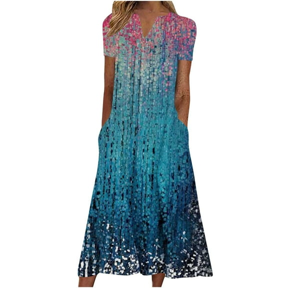 Summer Saving Wycnly Summer Dresses for Women Loose Pocket Swing Vintage Western Print Tunic Maxi Dresses 2024 Short Sleeve V-Neck Floral Long Formal Dress Blue XL
