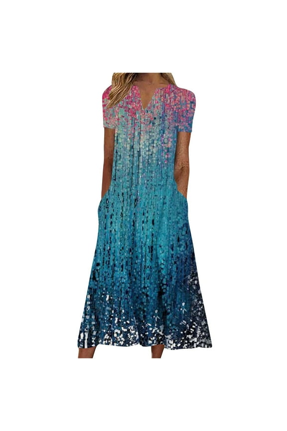 Summer Saving Wycnly Summer Dresses for Women Loose Pocket Swing Vintage Western Print Tunic Maxi Dresses 2024 Short Sleeve V-Neck Floral Long Formal Dress Blue XL