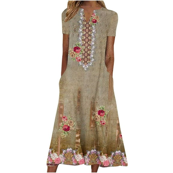 Summer Saving Wycnly Summer Dresses for Women Loose Pocket Swing Vintage Western Print Tunic Maxi Dresses 2024 Short Sleeve V-Neck Floral Long Formal Dress Green XXXL