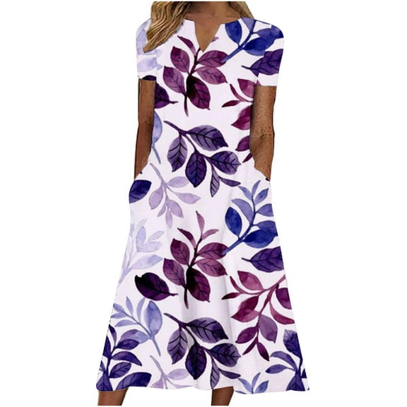 Summer Saving Wycnly Summer Dresses for Women Loose Swing Pocket Casual Plus Size Tunic Sundresses 2024 Short Sleeve V-Neck Striped Print Long Formal Dress Purple XXL