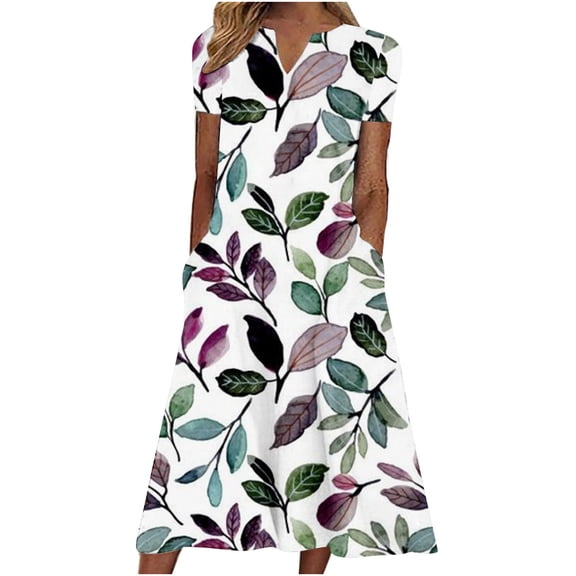 Summer Saving Wycnly Summer Dresses for Women Loose Swing Pocket Casual Plus Size Tunic Sundresses 2024 Short Sleeve V-Neck Striped Print Long Formal Dress White XXL