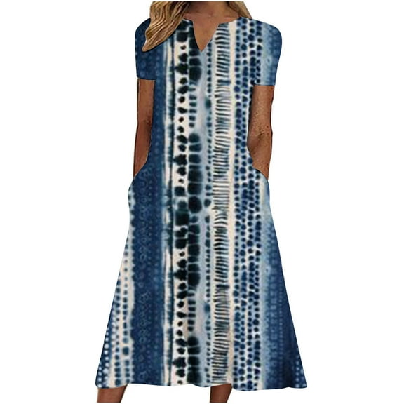 Summer Saving Wycnly Summer Dresses for Women Loose Swing Pocket Casual Plus Size Tunic Sundresses 2024 Short Sleeve V-Neck Striped Print Long Formal Dress Navy s