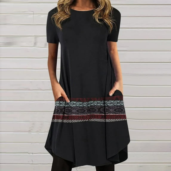 Summer Saving Wycnly Summer Dresses for Women Loose Swing Pocket Tunic Tshirt Knee-Length Dresses Short Sleeve Crewneck Floral Print Midi 2024 Casual Dress Black xxl Under $5