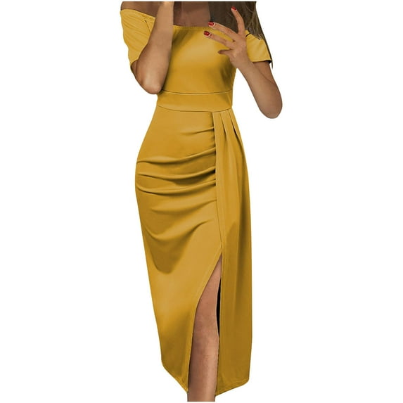 Summer Saving Wycnly Summer Dresses for Women Party Club Sexy off Shoulder Slit Ruched Bodycon Dresses 2024 Short Sleeve One Line Neck Solid Long Formal Dress Yellow XL