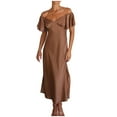 thumbnail image 1 of Summer Saving Wycnly Summer Dresses for Women Party Prom Sexy off Shoulder Slit Wrap Long Fishtail Dresses 2024 Short Sleeve V-Neck Solid Maxi Formal Dress Coffee l, 1 of 7