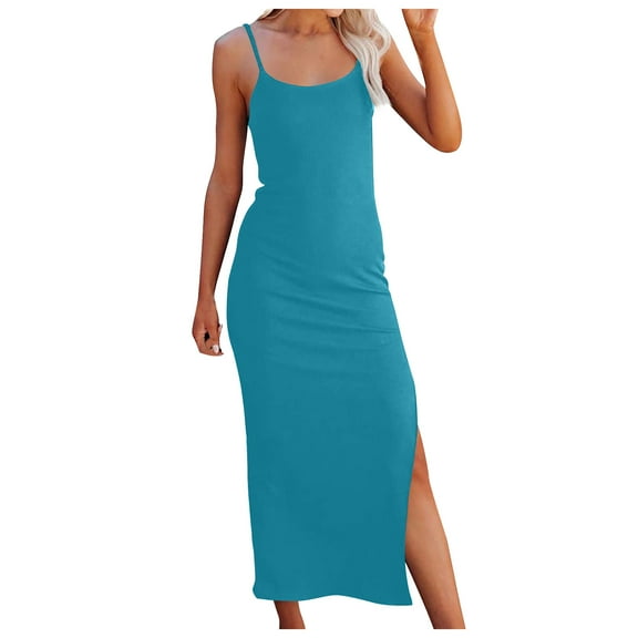 Summer Saving Wycnly Summer Dresses for Women Party Prom Sexy Slim Slit Spaghetti Strap Long Dresses 2024 Sleeveless Round Neck Solid Maxi Formal Dress Blue XL