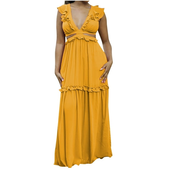 Summer Saving Wycnly Summer Dresses for Women Sexy Hollow out Ruffle Layer Flowy Swing A Line Long Dresses 2024 Sleeveless V-Neck Solid Maxi Formal Dress Yellow XXL