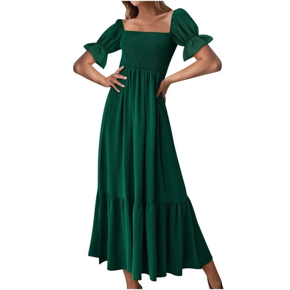 Summer Saving Wycnly Summer Dresses for Women Short Sleeve Square Neck Solid Maxi Sun Dress Elastic Waist Ruffle Swing Prom Formal Dresses Green XL Up to 65% off