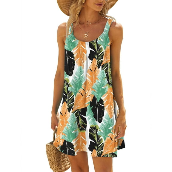 Summer Saving Wycnly Summer Dresses for Women Sleeveless Crewneck Floral Print Mini Sun Dress Loose Flowy Swing Casual T Shirt Tank Dresses Beige M Up to 65% off