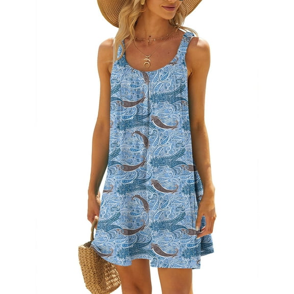 Summer Saving Wycnly Summer Dresses for Women Sleeveless Crewneck Floral Print Mini Sun Dress Loose Flowy Swing Casual T Shirt Tank Dresses Light Blue M Up to 65% off