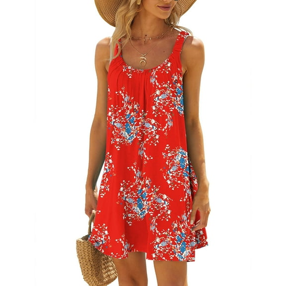 Summer Saving Wycnly Summer Dresses for Women Sleeveless Crewneck Floral Print Mini Sun Dress Loose Flowy Swing Casual T Shirt Tank Dresses Red XXL Up to 65% off