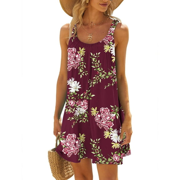 Summer Saving Wycnly Summer Dresses for Women Sleeveless Crewneck Floral Print Mini Sun Dress Loose Flowy Swing Casual T Shirt Tank Dresses Wine XL Up to 65% off