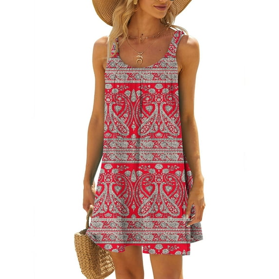 Wycnly Summer Dresses for Women Sleeveless Crewneck Western Print Mini Sun Dress Loose Flowy Swing Vintage T Shirt Tank Dresses Hot Pink L Up to 65% off