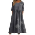thumbnail image 1 of Summer Saving Wycnly Summer Dresses for Women Vintage Cotton Linen Plus Size Pleated Swing Tunic Long Dress with Pocket 2024 Elbow-Length Round Neck Dandelion Print Maxi Formal Dress Dark Gray XXL, 1 of 6