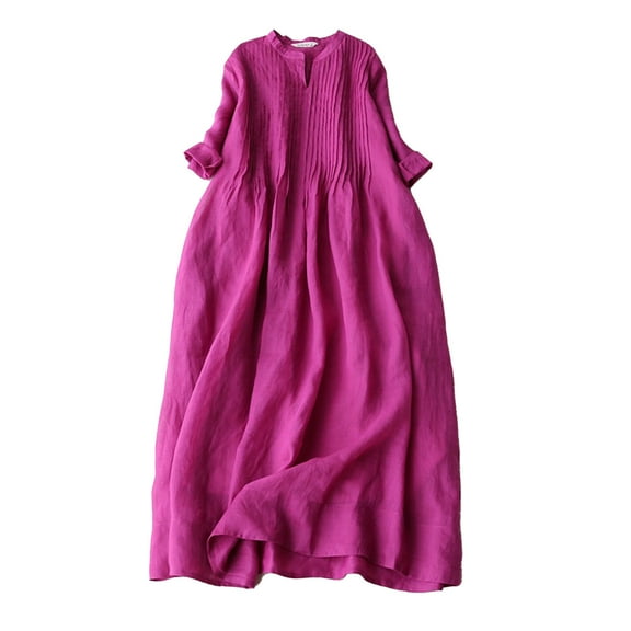 Summer Saving Wycnly Summer Dresses for Women Vintage Cotton Linen Plus Size Smocked Swing Maxi Dresses 2024 Elbow-Length Round Neck Solid Long Formal Dress Hot Pink XL