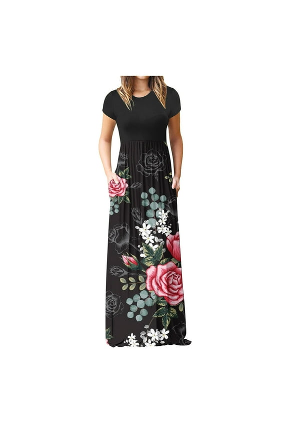 Summer Saving Wycnly Summer Dresses for Women Vintage Empire Waist Pleated Swing A Line Long Dresses with Pocket 2024 Short Sleeve Round Neck Floral Print Maxi Formal Dress Black m