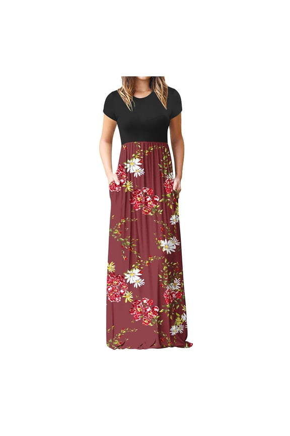 Summer Saving Wycnly Summer Dresses for Women Vintage Empire Waist Pleated Swing A Line Long Dresses with Pocket 2024 Short Sleeve Round Neck Floral Print Maxi Formal Dress Wine l