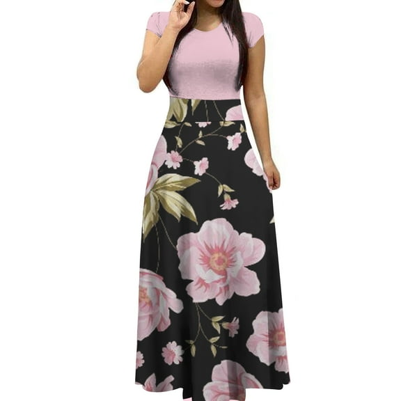 Summer Saving Wycnly Summer Dresses for Women Vintage Empire Waist Pleated Swing Tunic A Line Formal Maxi Dresses 2024 Short Sleeve Round Neck Sunflower Print Long Formal Dress Pink m