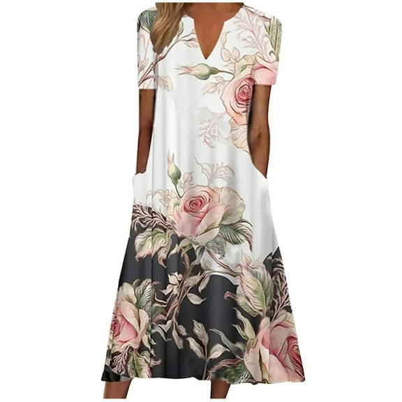 Summer Saving Wycnly Summer Dresses for Women Vintage Loose Swing Plus Size Tunic Dresses with Pocket 2024 Short Sleeve V-Neck Floral Print Long Formal Dress Pink XL