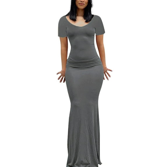 Summer Saving Wycnly Summer Dresses for Women Wedding Guest Party Elegant Slim Mermaid Long Dresses Short Sleeve V-Neck Solid Maxi 2024 Dress Gray m Clearance Under $5