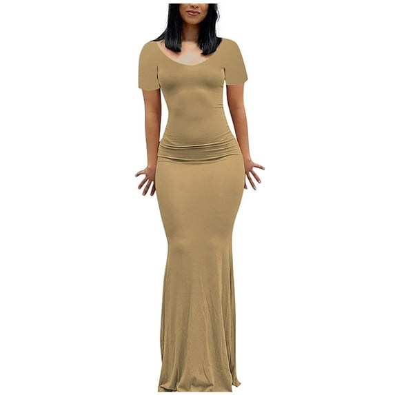 Summer Saving Wycnly Summer Dresses for Women Wedding Guest Party Elegant Slim Mermaid Long Dresses Short Sleeve V-Neck Solid Maxi 2024 Dress Khaki s Clearance Under $5