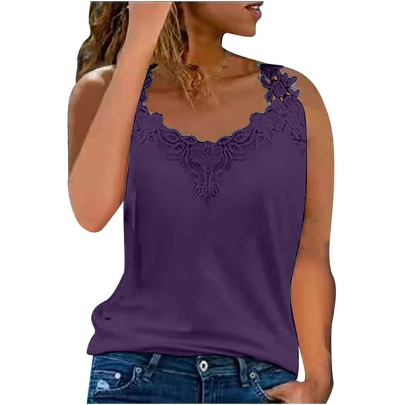 Summer Saving Wycnly Summer Tank Tops Solid V-Neck Sleeveless T Shirts for Women Elegant Lace Patchwork Lightweight Tunic Vest Blouses Purple l Clearance Under $5