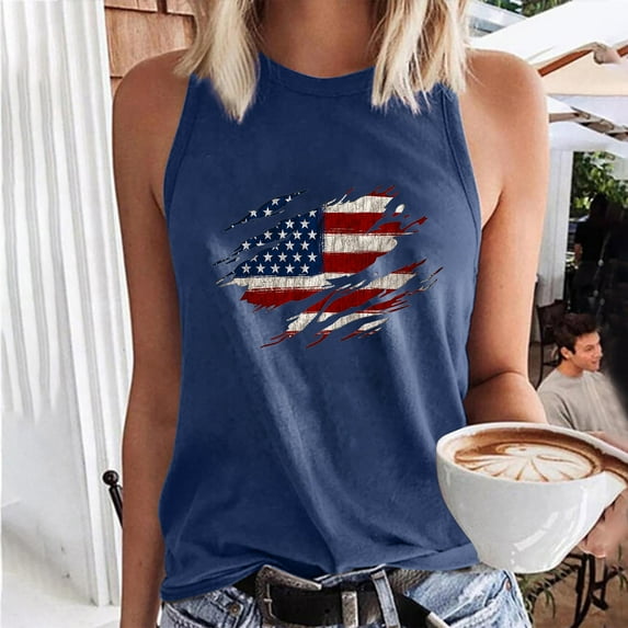 Summer Saving Wycnly Summer Tank Tops US Flag Print Crewneck Sleeveless T Shirts for Women 4th July Loose Casual Basic Comfy Blouse Vest Navy xl Clearance Under $5