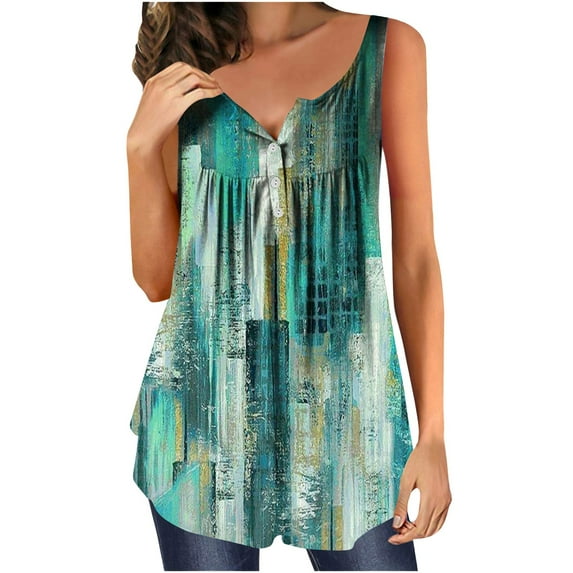 Summer Saving Wycnly Summer Tank Tops Western Print V-Neck Sleeveless T Shirts for Women Vintage Graphics Button Pleated Swing Henley Shirt Lightweight Tunic Blouse Vest Green s Under $5