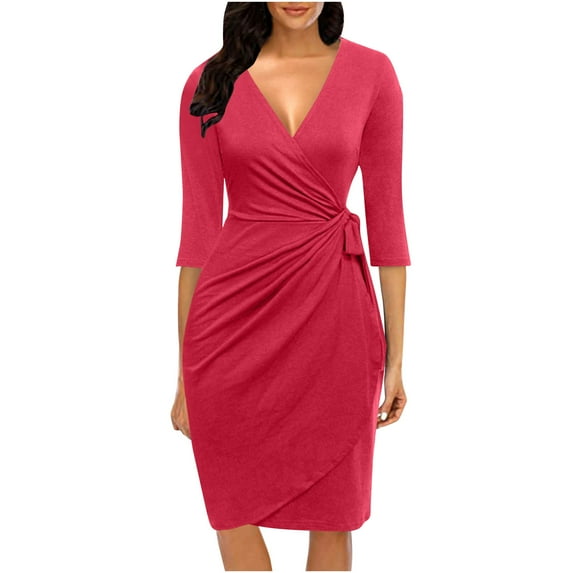 Summer Saving Wycnly Sundresses for Women 3/4 Sleeve V-Neck Polka Dot Midi Dresses Tie Waist Evening Party Prom Wrap Formal Summer Dress Watermelon Red xxl Clearance Clothes