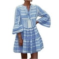 thumbnail image 1 of Summer Saving Wycnly Sundresses for Women 3/4 Sleeve V-Neck Western Print Mini Dresses Vintage Loose Swing Tunic Short Sun Summer Dress Blue l Clearance Clothes, 1 of 5