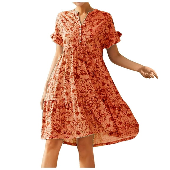 Summer Saving Wycnly Sundresses for Women Short Sleeve V-Neck Floral Knee-Length Dresses Flowy Ruffle Swing Beach Boho Button Down Midi Summer Dress Orange Up to 65% off