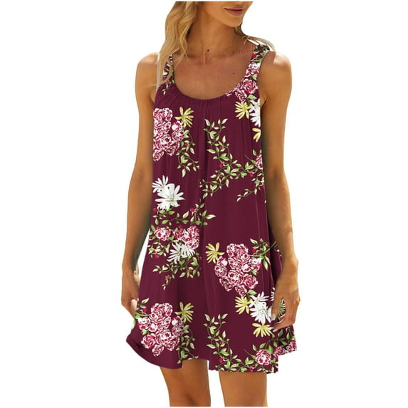 Summer Saving Wycnly Sundresses for Women Sleeveless Crewneck Floral Print Mini Dresses Loose Flowy Swing Casual T Shirt Tank Summer Dress Wine Up to 65% off