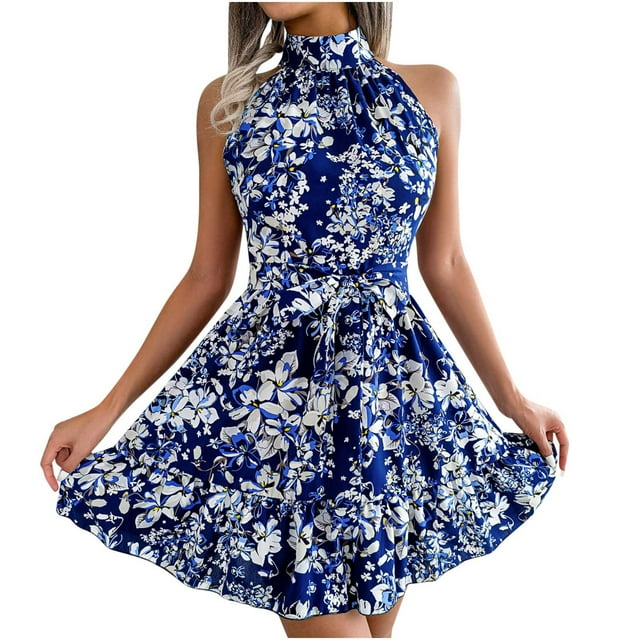 Summer Saving Wycnly Sundresses for Women Sleeveless Halter Floral Mini Dresses Tie Waist Flowy Ruffle Swing Boho Beach Summer Dress Blue Up to 65% off